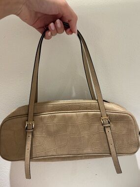 H&M Croc-Embossed Tan Shoulder Bag with Gold Buckles